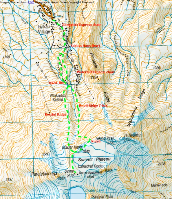 A topomap with the routes up to Mt Ruapehu Crater Lake clearly marked