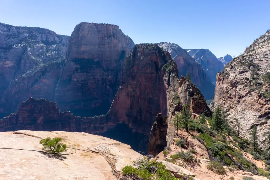 Looking across at Angels Landing from the West Rim trail, with a good view of the spine of rock the last half of the track climbs up – also called the Hogsback