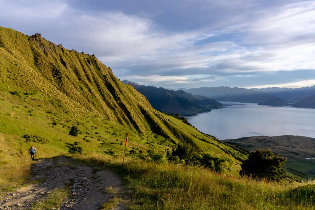 Man walking up the track to Isthmus Peak at dawn with Lake Hawea in the background