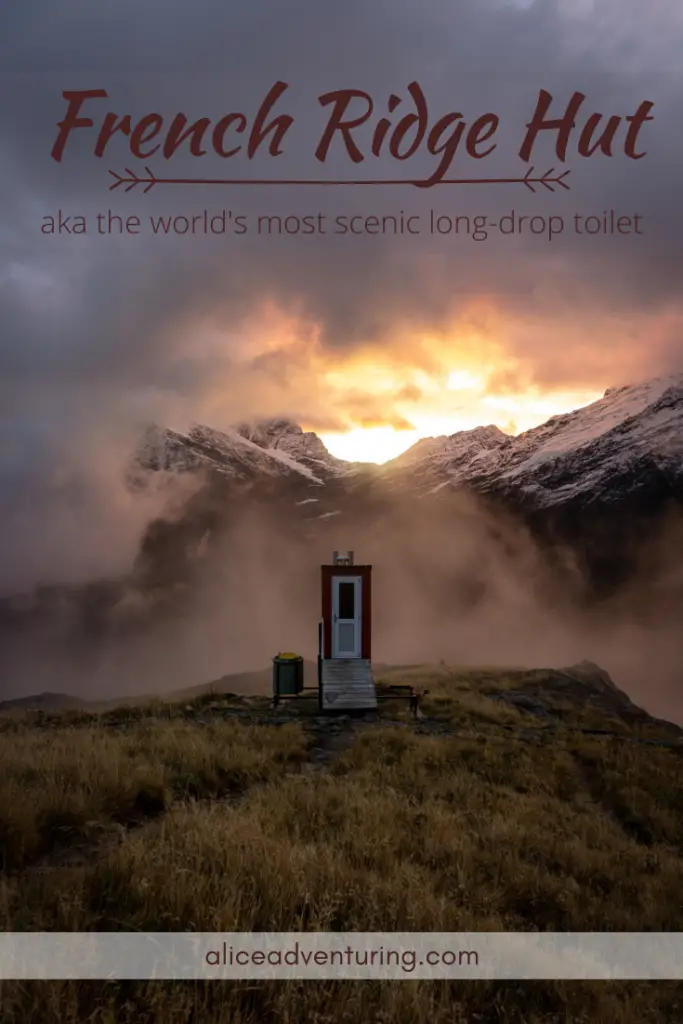 Pinterest graphic for French Ridge hut - long-drop toilet with sunset clouds and mountains in background