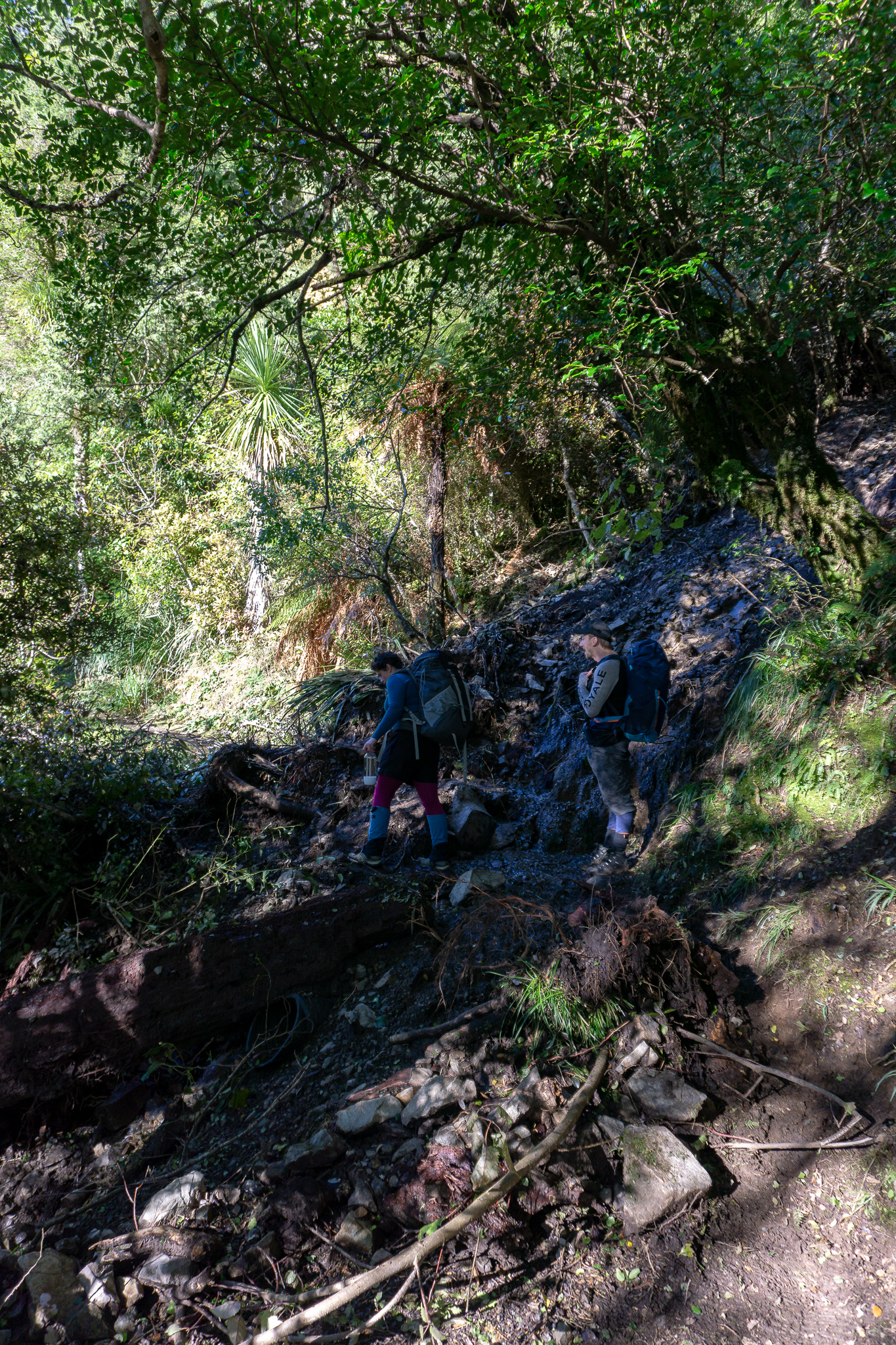 Two trampers on Rangiwahia track negotiating a small slip of mud, rocks and branches across the trail