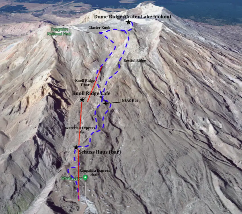 A map with the routes up to Mt Ruapehu Crater Lake marked clearly