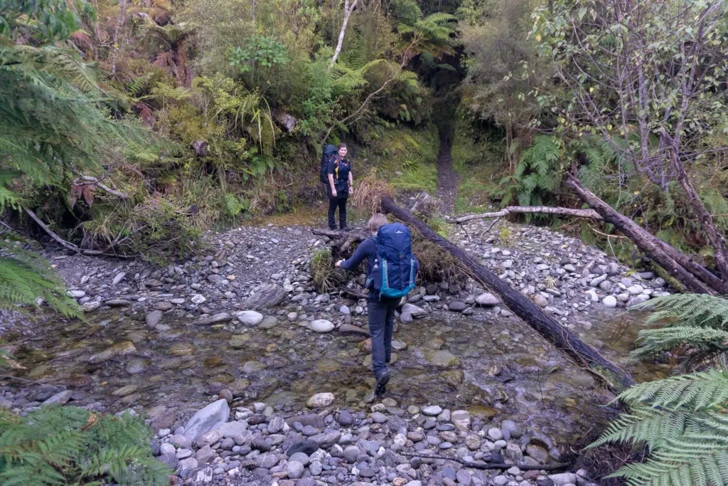 One tramper looking on while another jumps across a small stream on the Copland Track