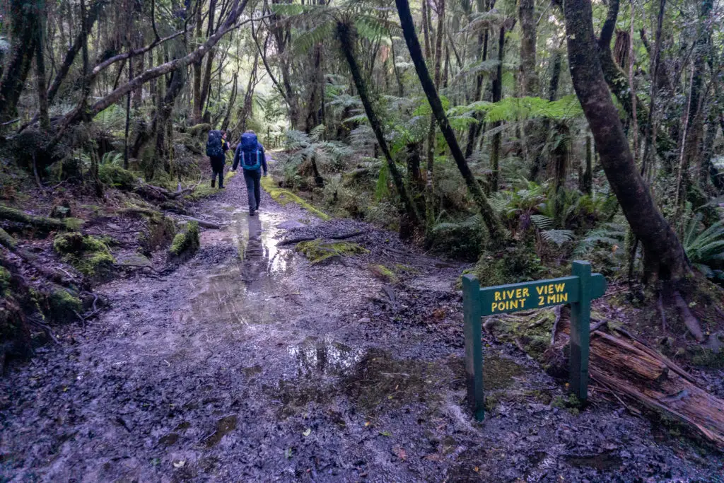 Two trampers negotiating a muddy section of the Copland Track with a "River View Point, 2 min" sign in the foreground