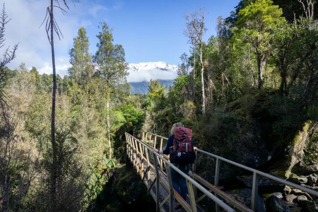 Tramper with a pack crossing a bridge on the Copland Track with bush and snowcapped mountains in the background