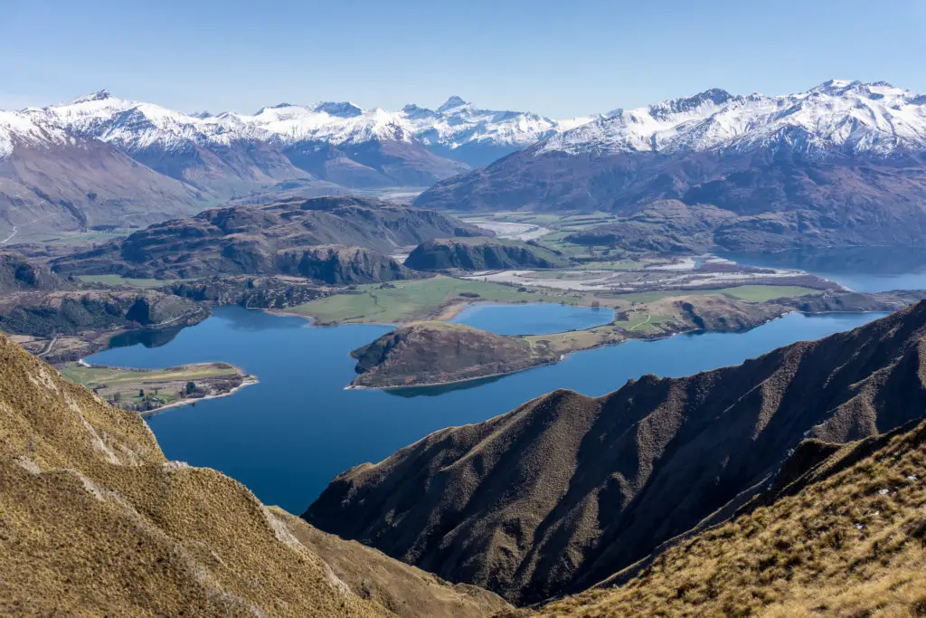 View over Glendhu Bay and out towards snow-capped Mt Aspiring from the Roys Peak lookout