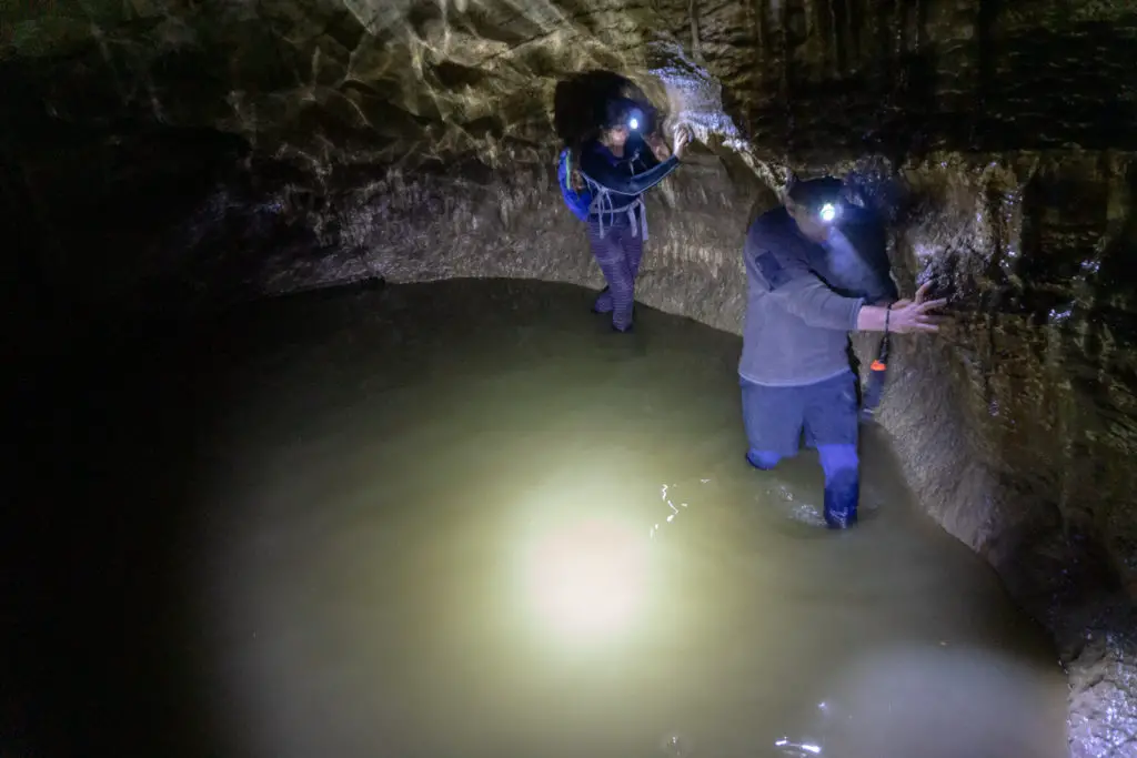 Two cavers navigating a deep murky pool of water, sticking to the edge of the pool, knees deep in water in the Clifden Caves