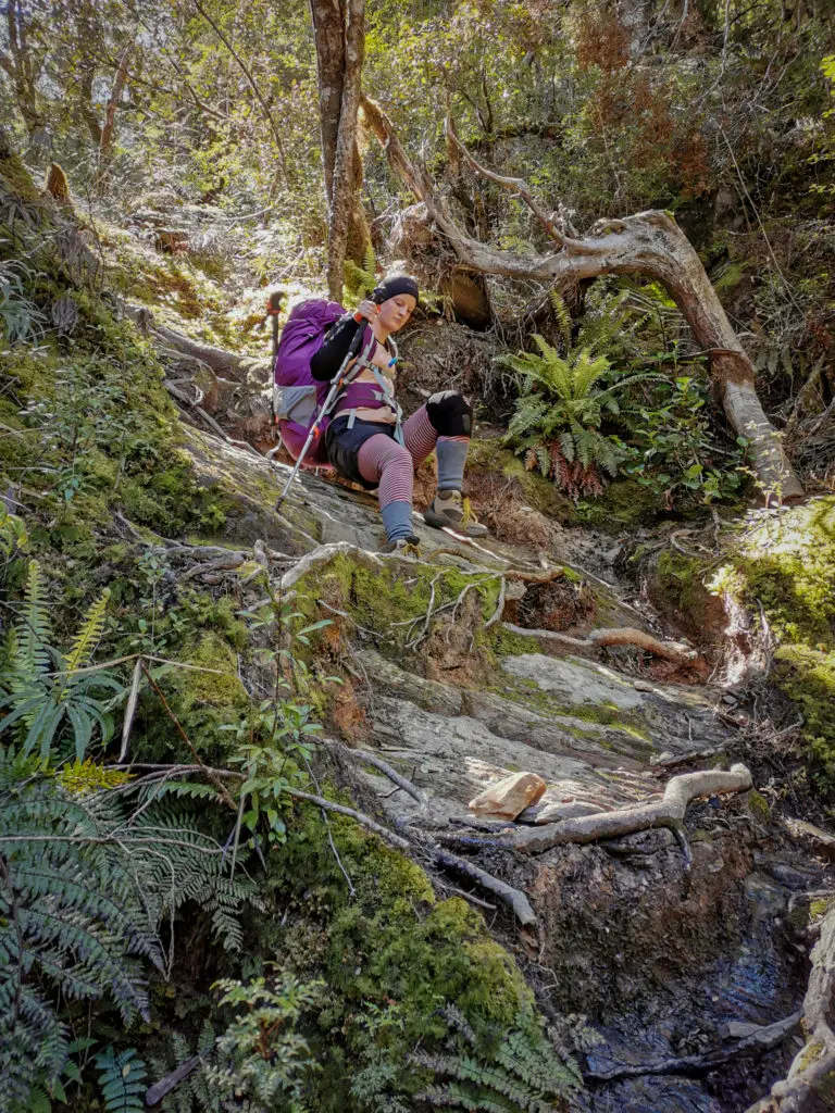 Female tramper climbing down rock and tree roots on Brewster Hut track