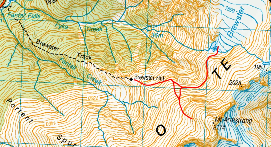 Topomap of the trail to Brewster Hut, also marked with the route up to Mt Armstrong as well as across to Brewster Glacier