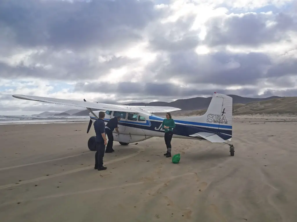 Small Cessna plane from Stewart Island flights sitting on the sand at Mason Bay with two trampers picking up their packs