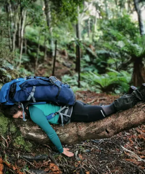 Woman lying face-down on log with pack on her back on the track between Freshwater Hut and North Arm Hut on Stewart Island