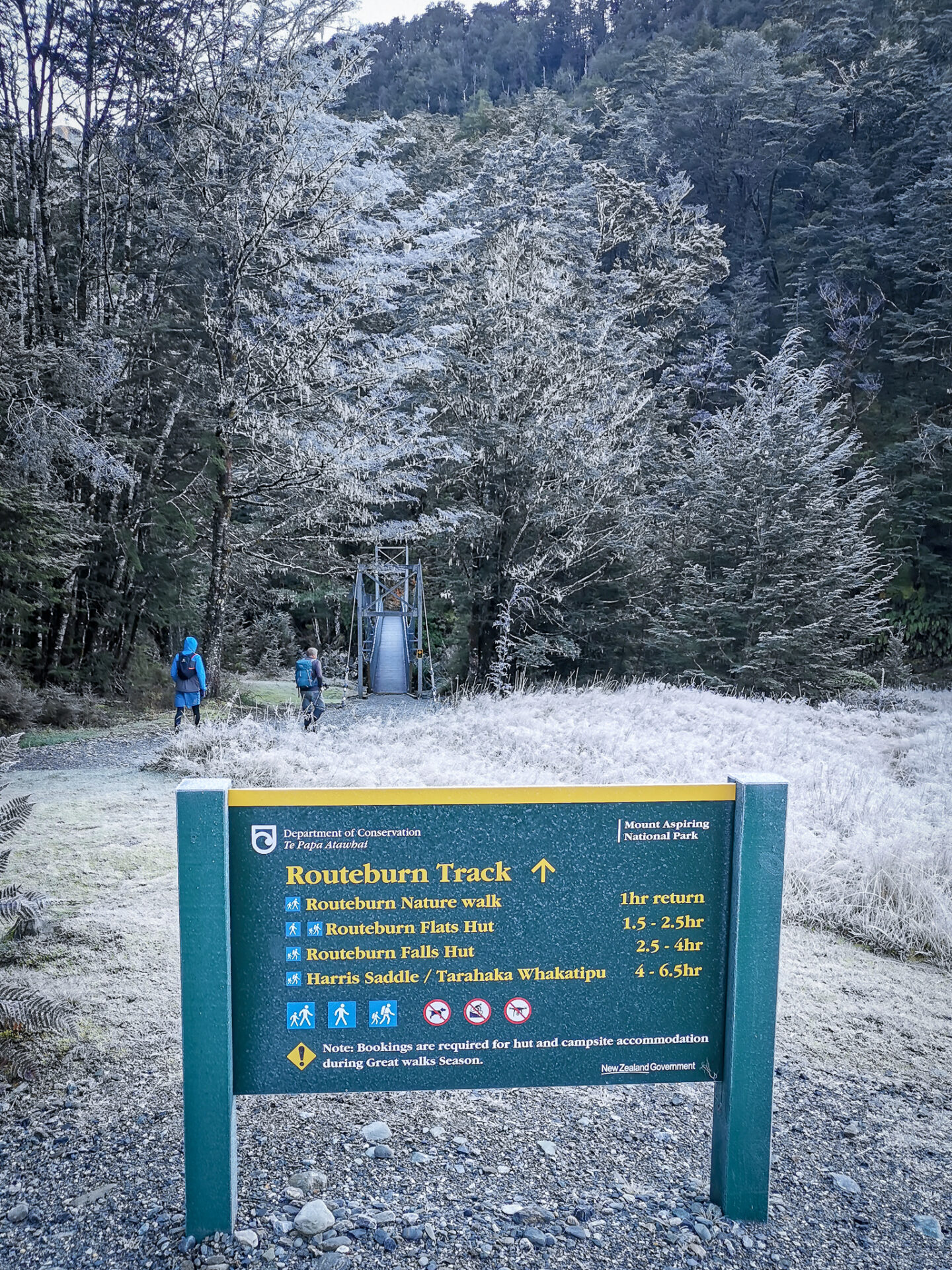 Frosty trees behind the Routeburn Great Walk starting sign
