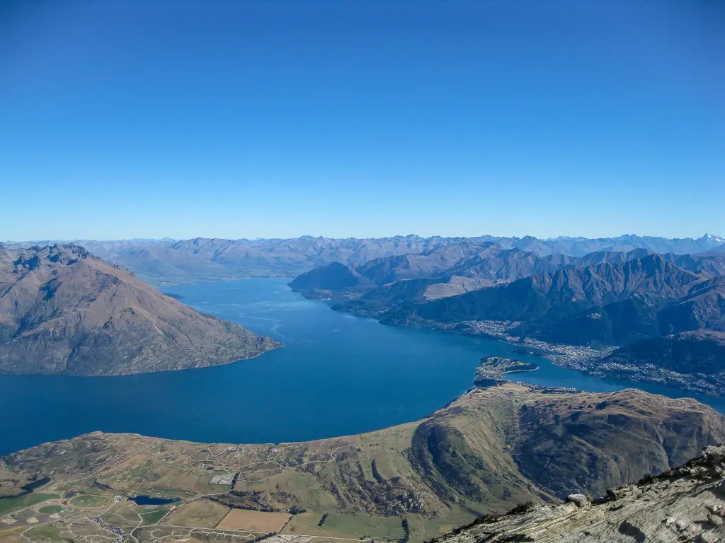 View of Lake Wakatipu and Queenstown from the Remarkables lookout in summer