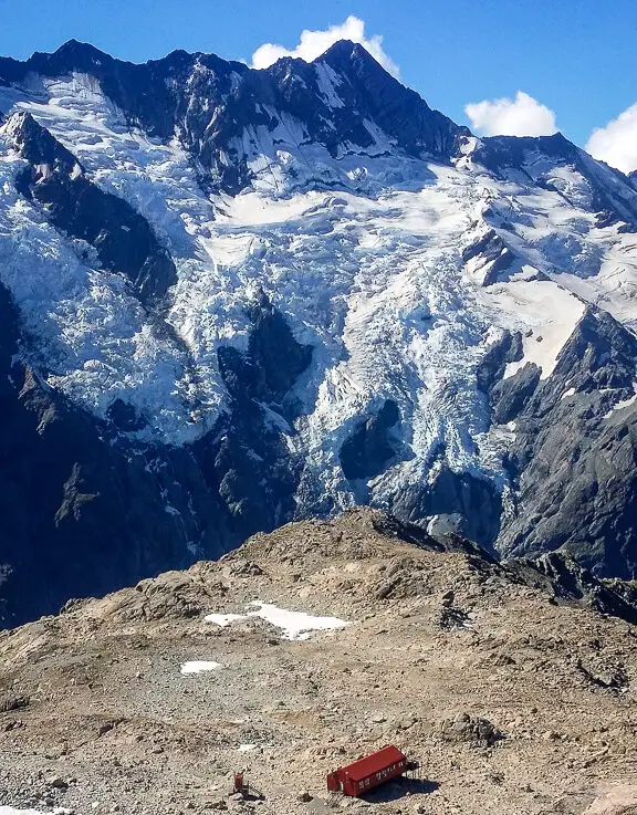 Mueller Hut and Mt Sefton as seen from Mt Ollivier