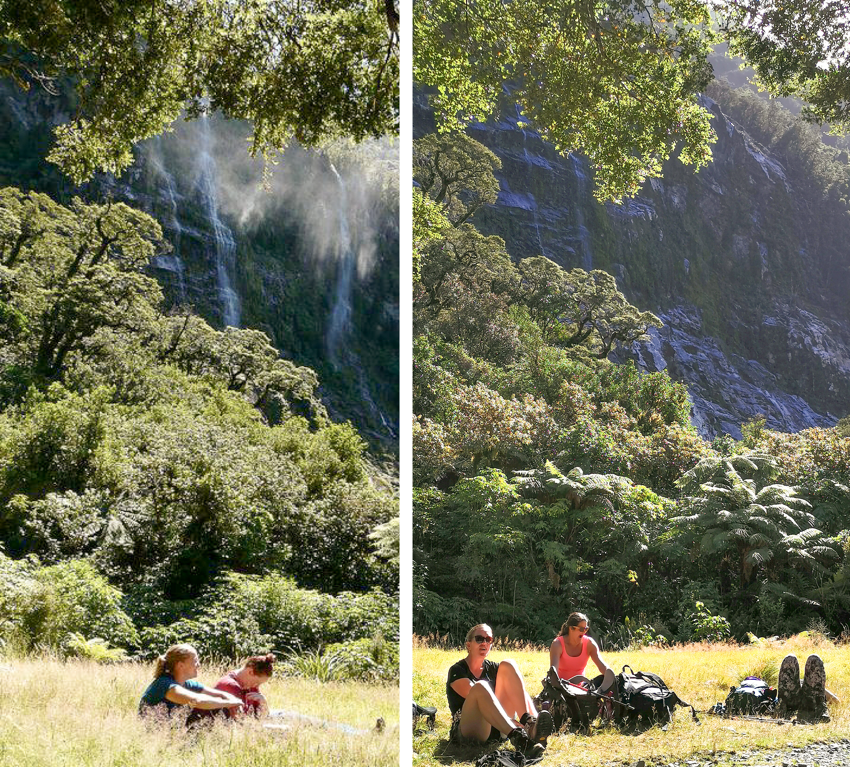 Two photos taken of hikers sitting in a small meadow in the Arthur Valley on the Milford Track
