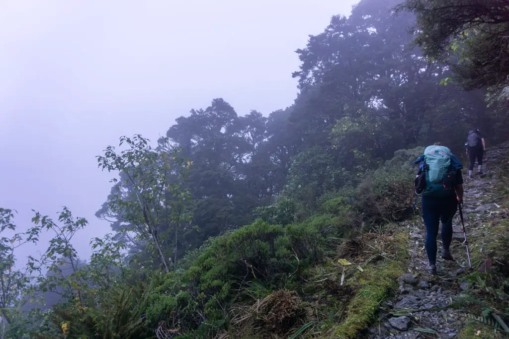 Hikers climbing up McKinnon Pass in low cloud on the Milford Track
