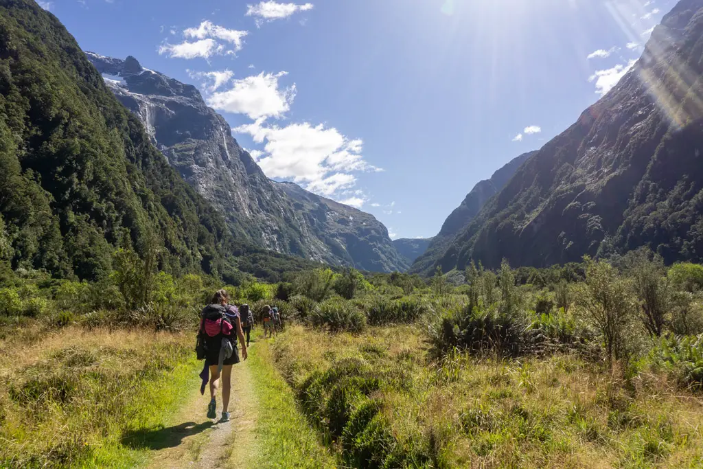 Hikers walking in sunny weather through the Clinton Valley toward Mintaro Hut on the Milford Track