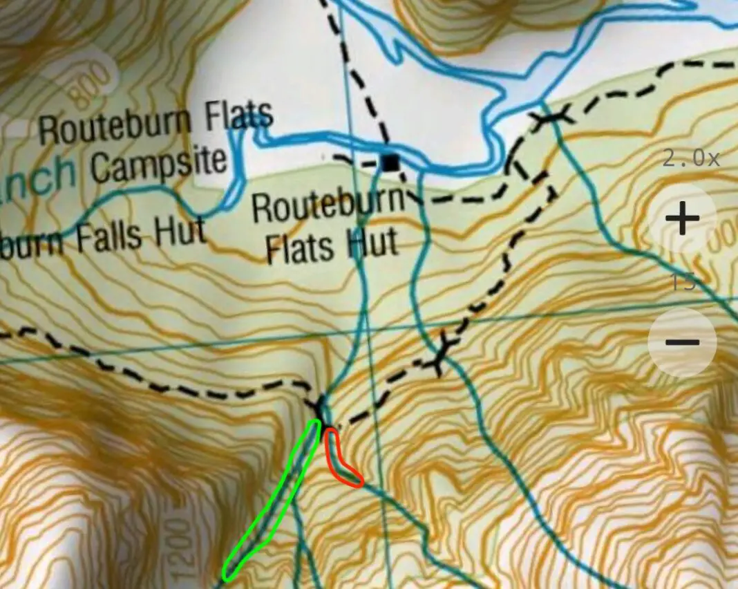 Topomap of Emily Creek on the Routeburn Track with Emily Creek highlighted