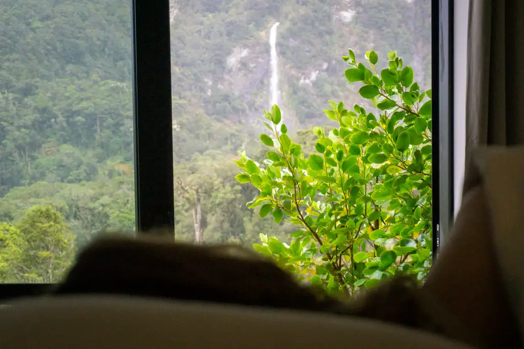 Sleeping woman in Milford Sound Lodge with waterfalls in the background