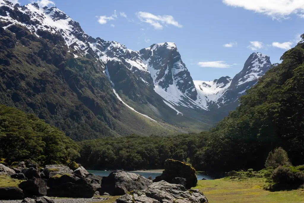 View of Emily Pass from just outside Lake Mackenzie Hut on the Routeburn Track