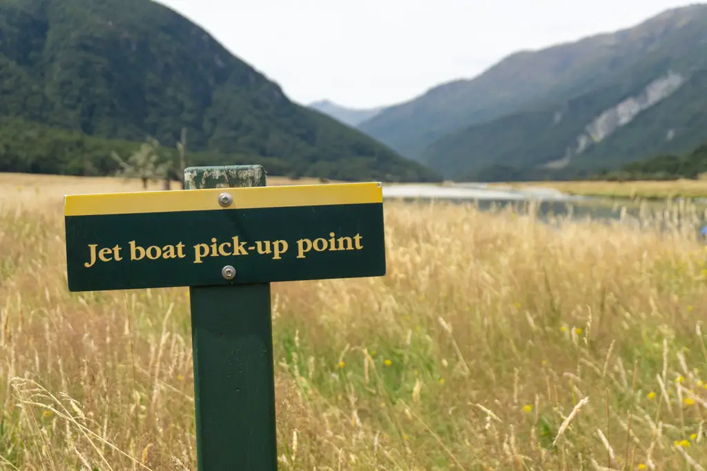 DOC jetboat pick-up point sign on the Wilkin River