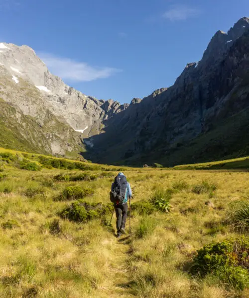 Man walking through the Young Basin towards Gillespie Pass on the Wilkin-Young Circuit