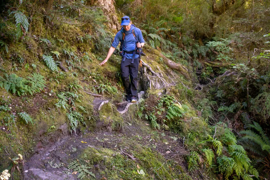 Man walking over a steeper section of the Wilkin-Young Track to Young Hut