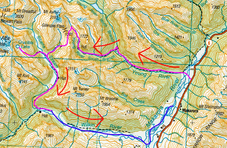 Map of the Wilkin-Young Circuit with direction advice for Gillespie Pass
