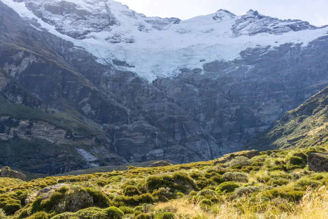 View of the hanging glaciers and waterfalls at the head of the Earnslaw Burn cirque