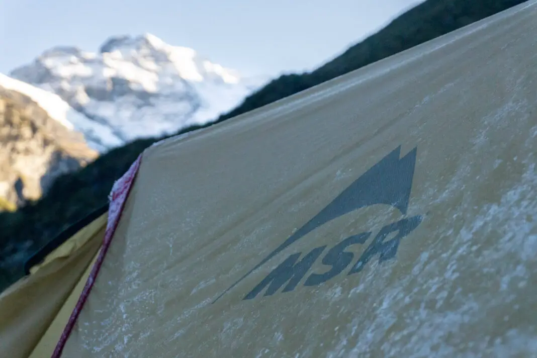 Froster tent with MSR logo, with Mt Earnslaw in the background