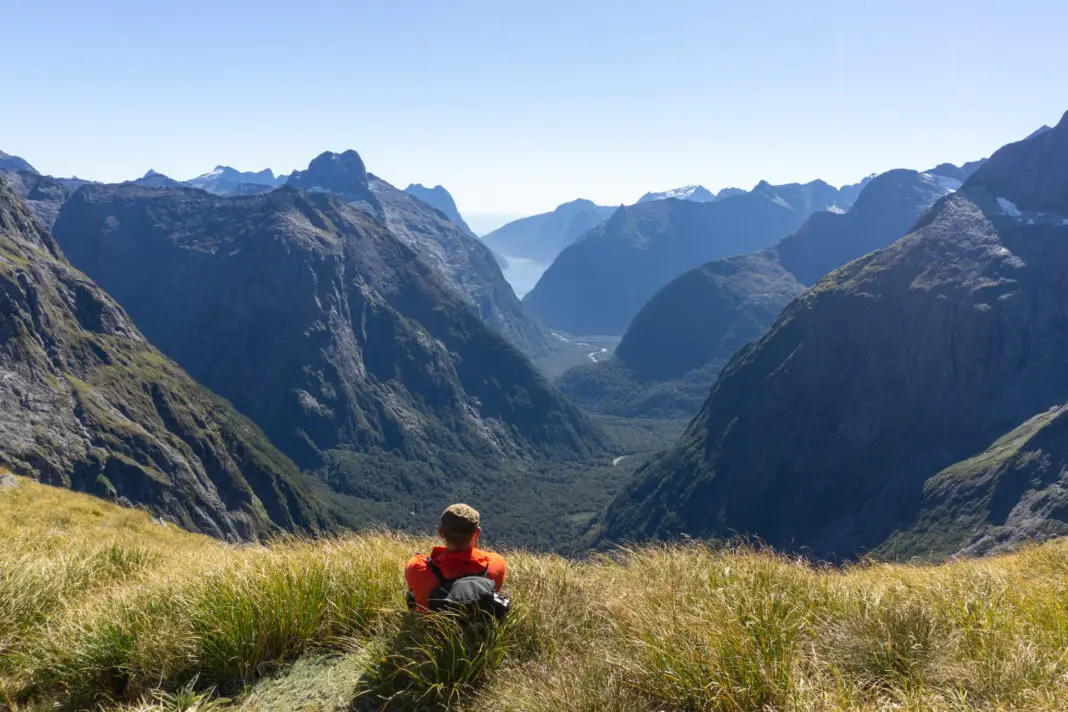 Man sitting in tussocks on Gertrude Saddle looking towards Milford Sound