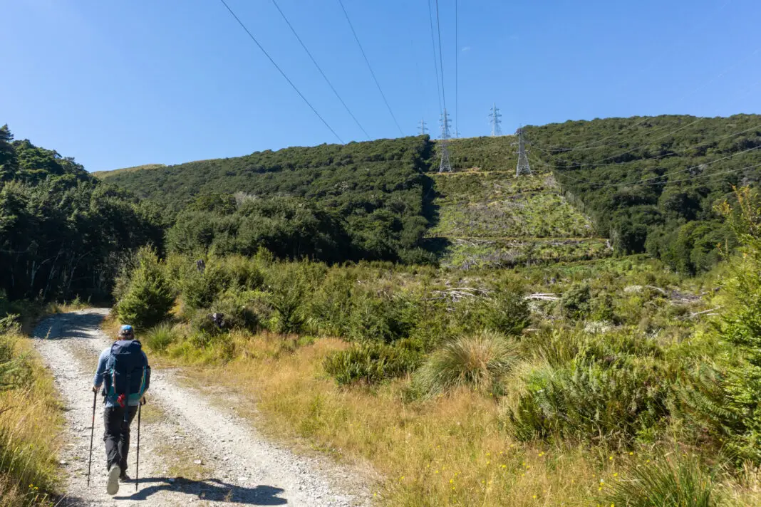 Man walking up the Borland Road with power poles climbing up the hill in front of him