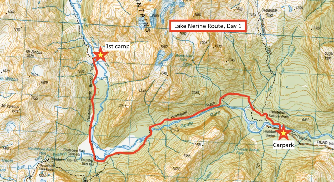 Topomap marked with Day 1 of our Lake Nerine Route up the North Branch of the Routeburn