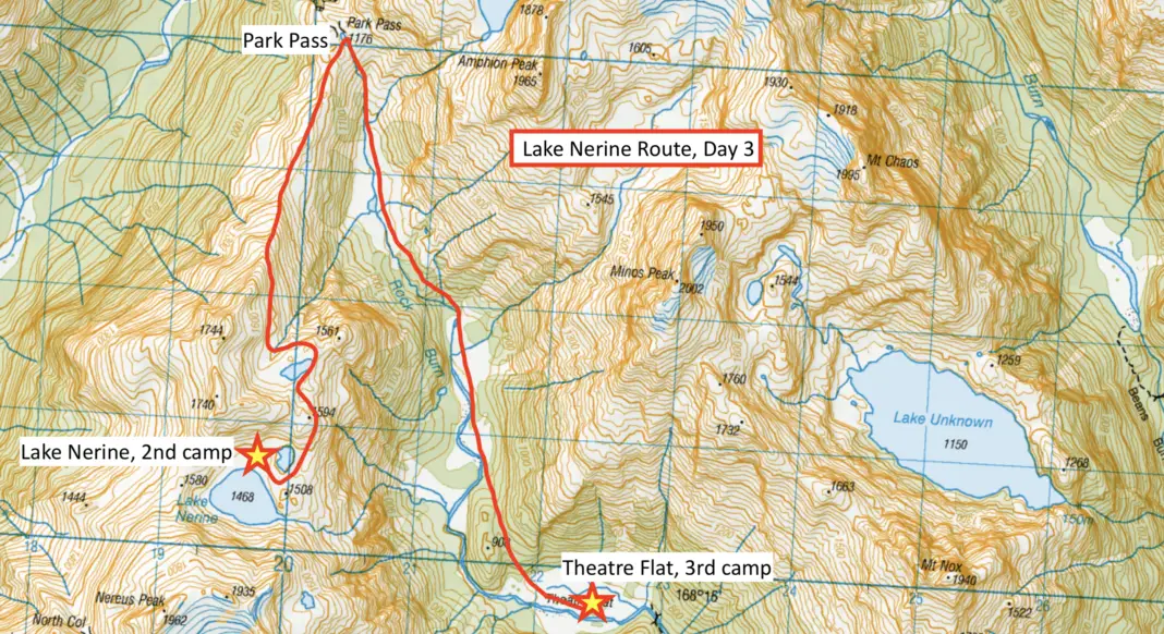 Topomap marked with Day 3 of our Lake Nerine Route over Park Pass to Theatre Flat