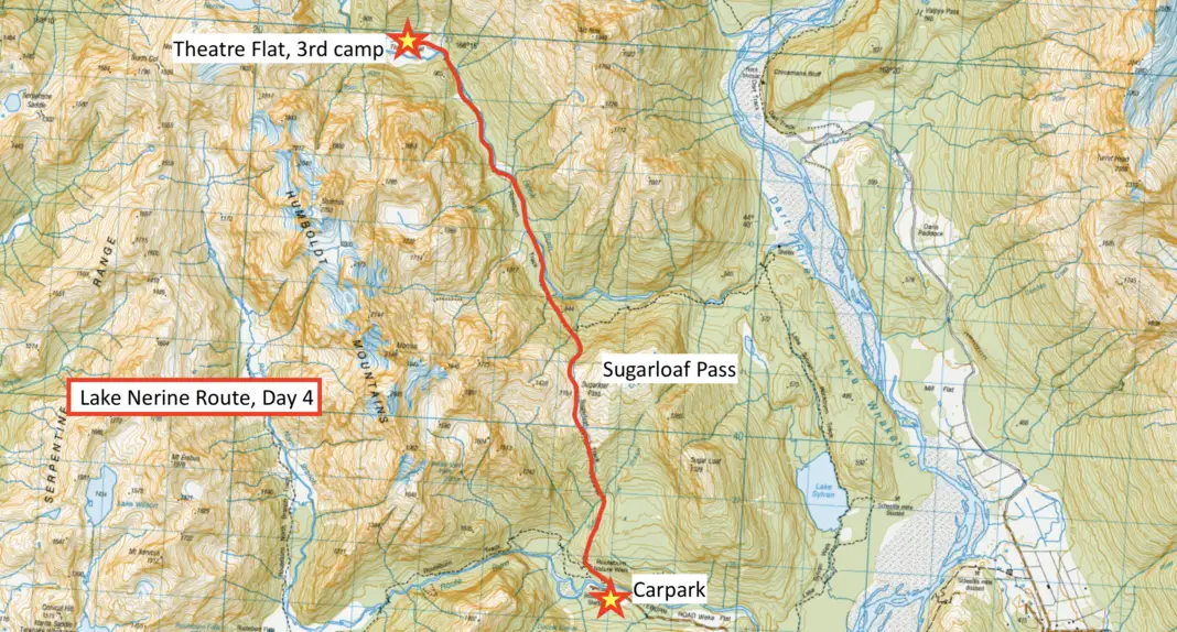 Topomap marked with Day 4 of our Lake Nerine Route over Sugarloaf Pass