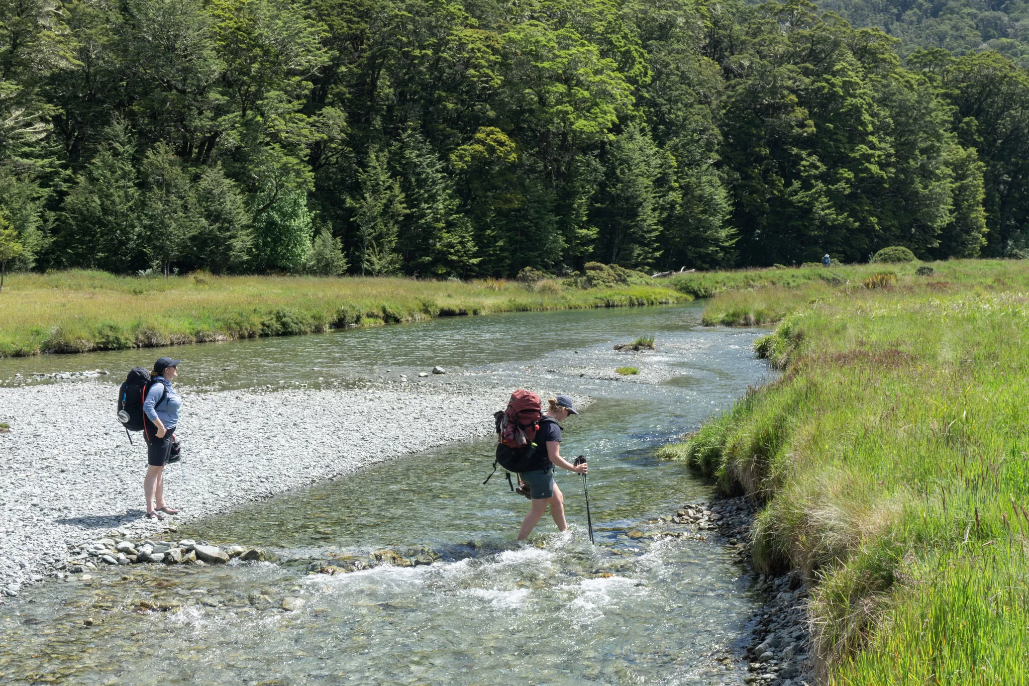 Two trampers crossing the stream next to Routeburn Flats Hut on the way to North Col