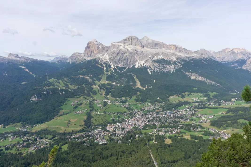 View of Cortina d'Ampezzo from Cliffhanger Lodge near Rifugio Faloria