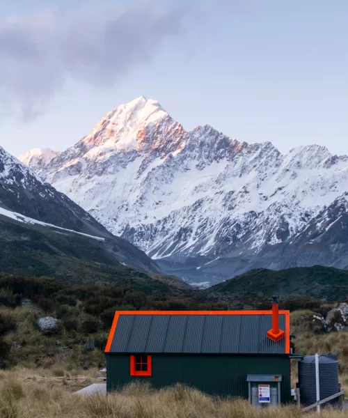 Hooker Hut with view towards Aoraki Mt Cook