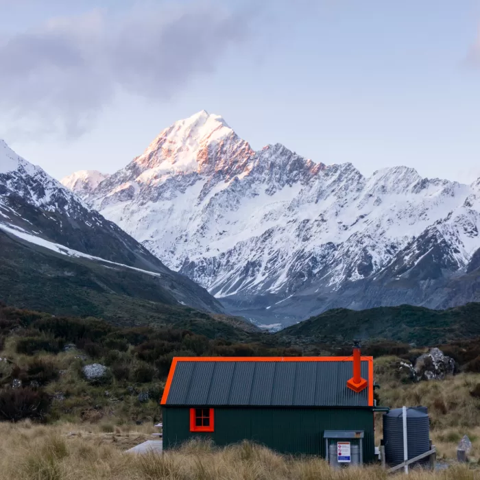 Hooker Hut with view towards Aoraki Mt Cook