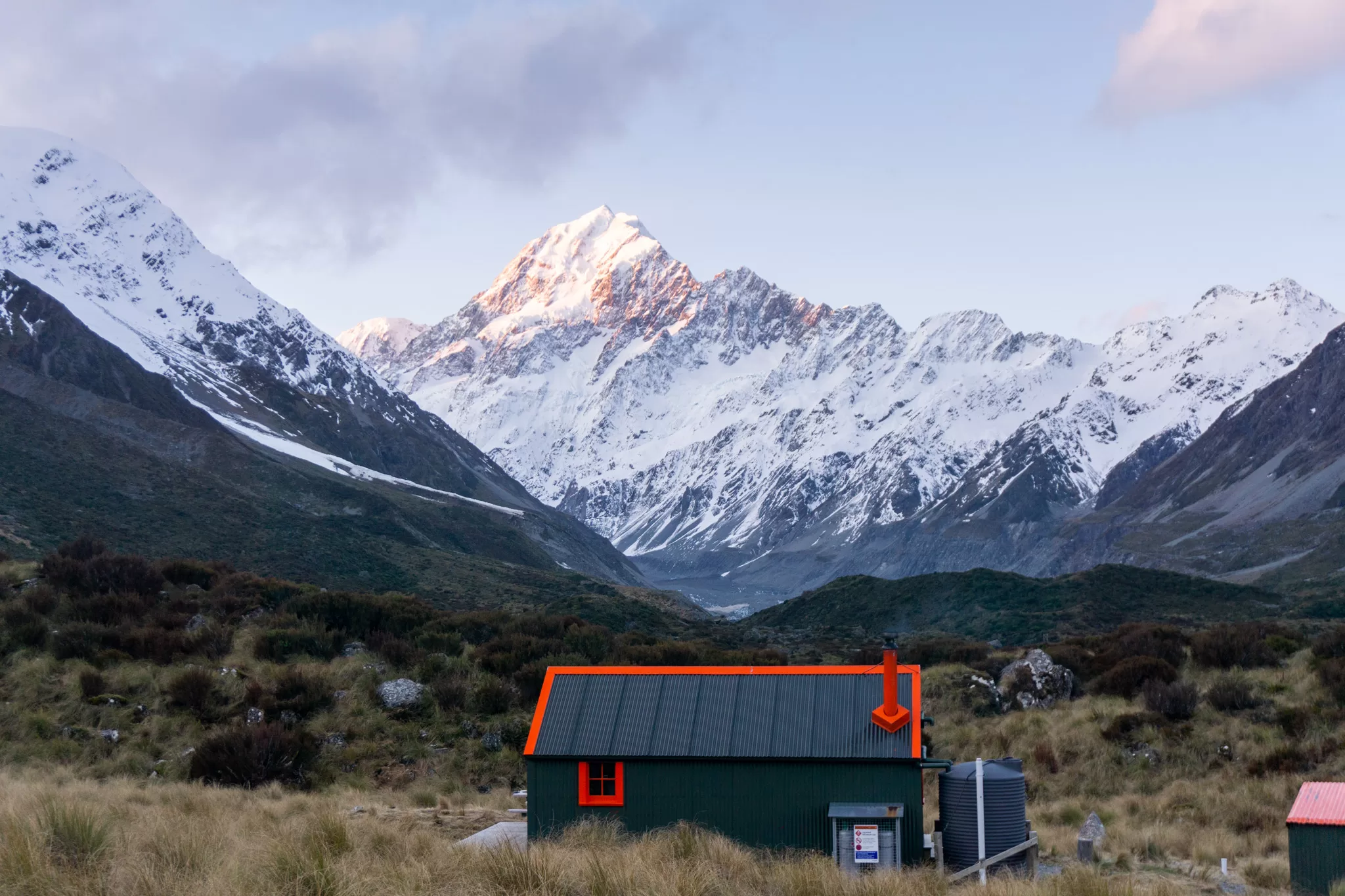 Hooker Hut with view towards Aoraki Mt Cook