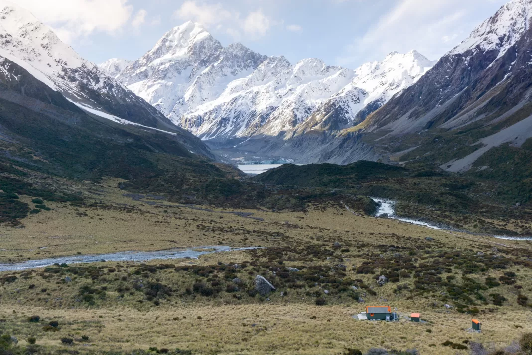 View of Hooker Hut, Hooker Lake, and Aoraki Mt Cook