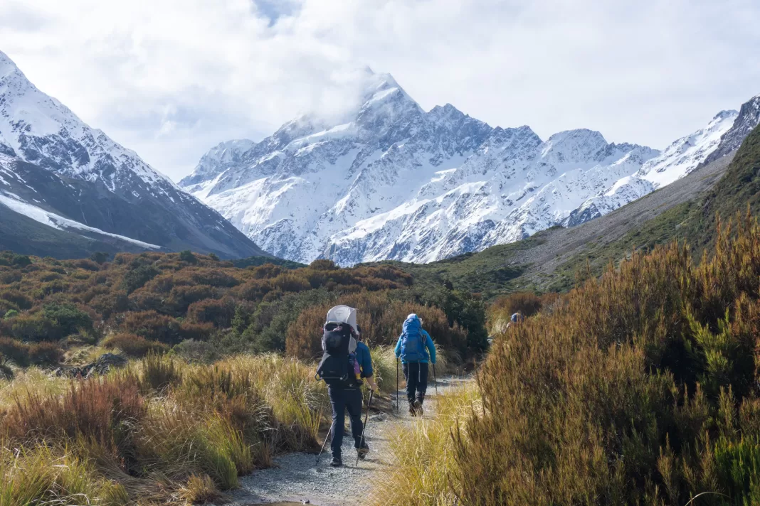 Trampers walking on the Hooker Valley Track