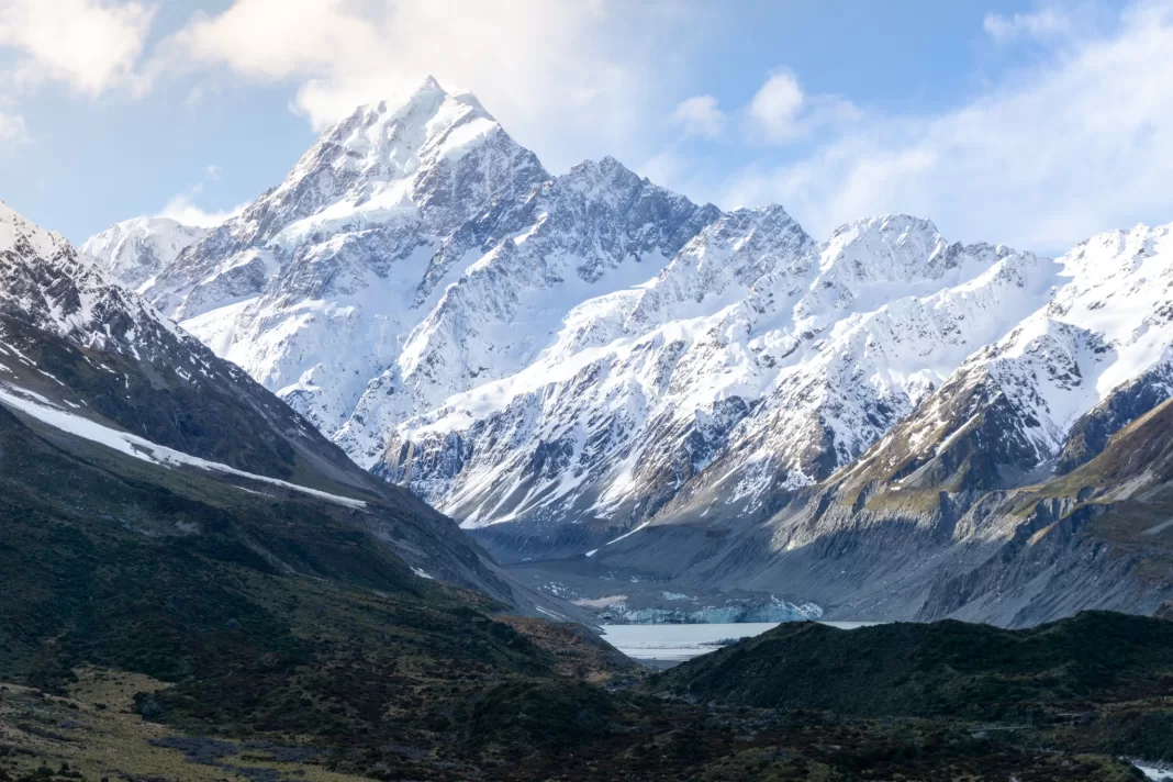 Aoraki Mt Cook with Hooker Glacier and Hooker Lake below