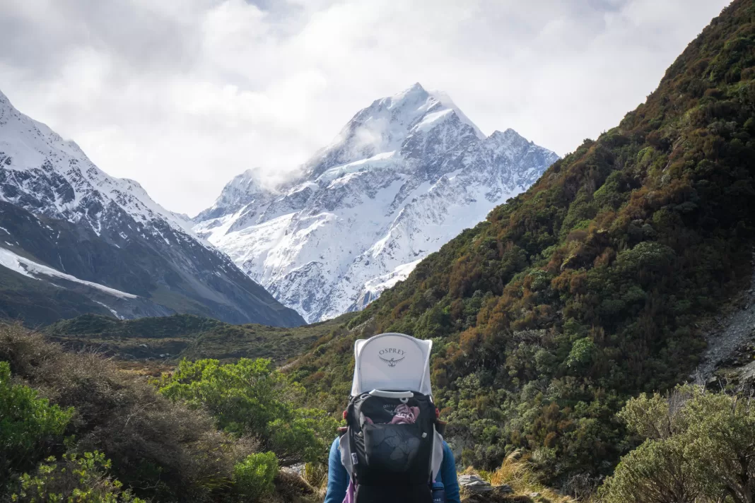 Photo of an Osprey Poco Plus baby backpack carrier with Aoraki Mt Cook in the background