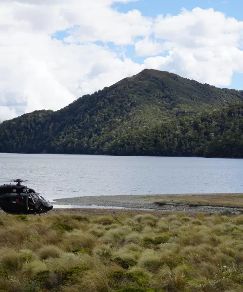 Helicopter landed on the shores of Green Lake near Green Lake Hut to evacuate someone with an injury