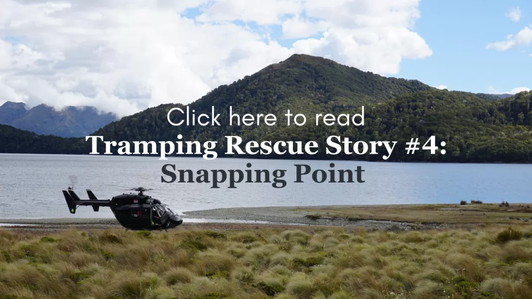 Photo of a helicopter landed next to Green Lake with the text "Click here to read Tramping Rescue Story #4: Snapping Point