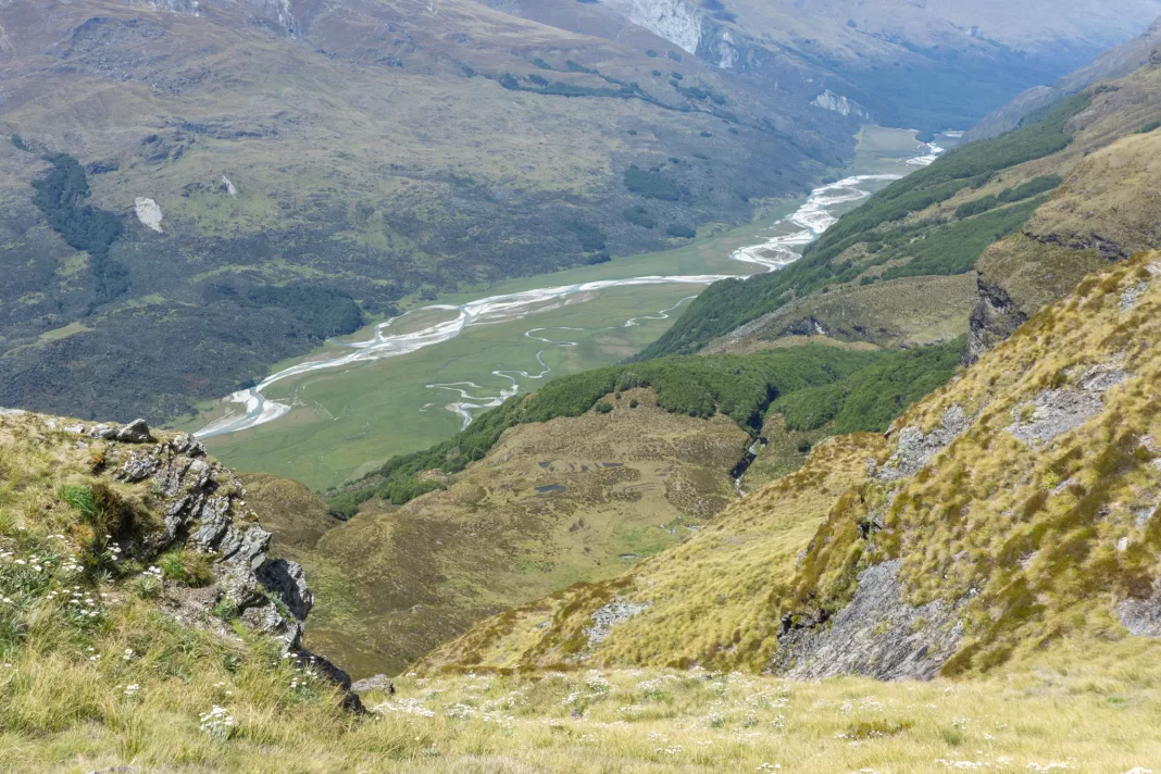 View of Kea Basin from above and the Rees Valley in the background