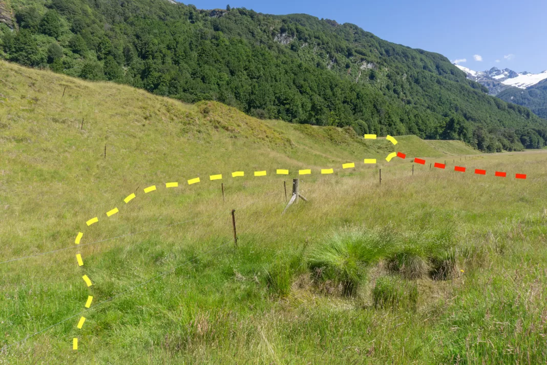 A drawn dotted line showing the way to avoid the bog just before the start of the Kea Basin Track