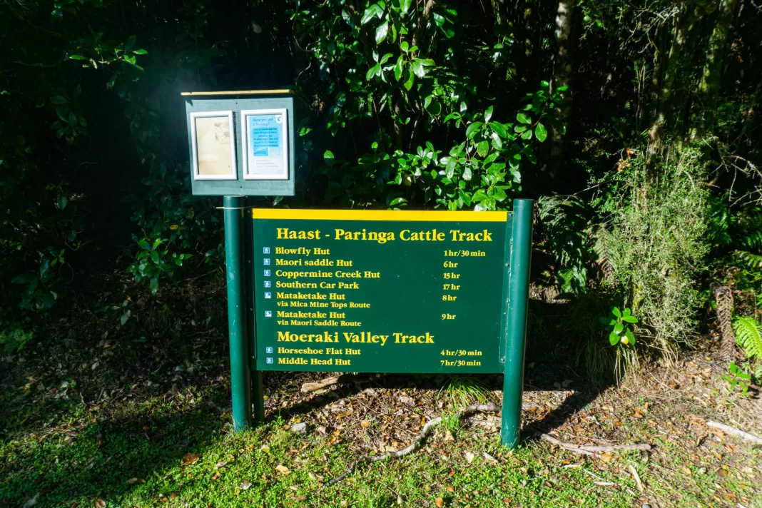 Haast to Paringa Cattle Track DOC sign