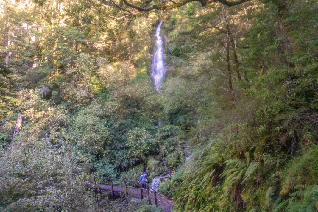 Tramper walking along a bridge with a waterfall in the background on the Rees Dart Track